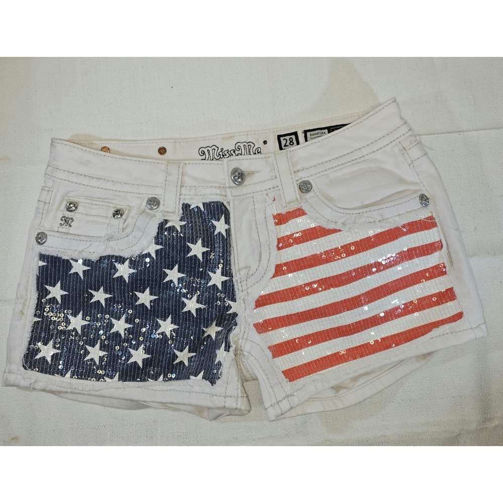 Miss Me American Flag Stars Stripes Sequined WHITE Shorts SZ 28 Red White Blue